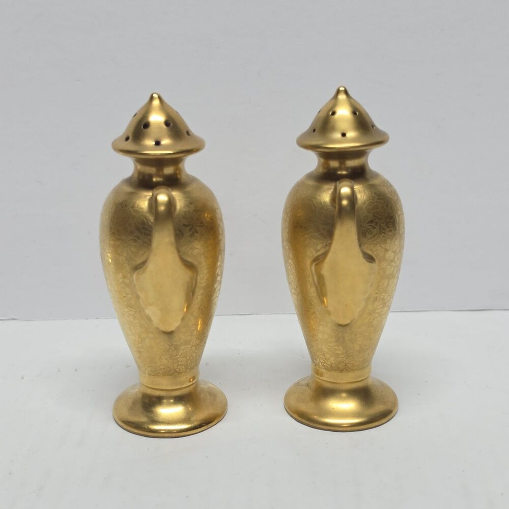 Vintage 50s Stouffer 24 Kt Gold Plated Salt/Pepper Shaker ROSE DAISY w Handles - Picture 5 of 9